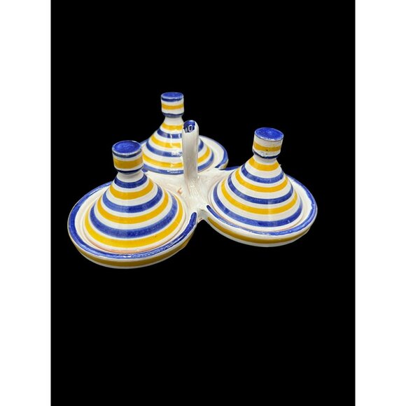 Moroccan Spice Tagine Trio Spice Holder Vintage Handmade Yellow and Blue Ceramic - Picture 2 of 8